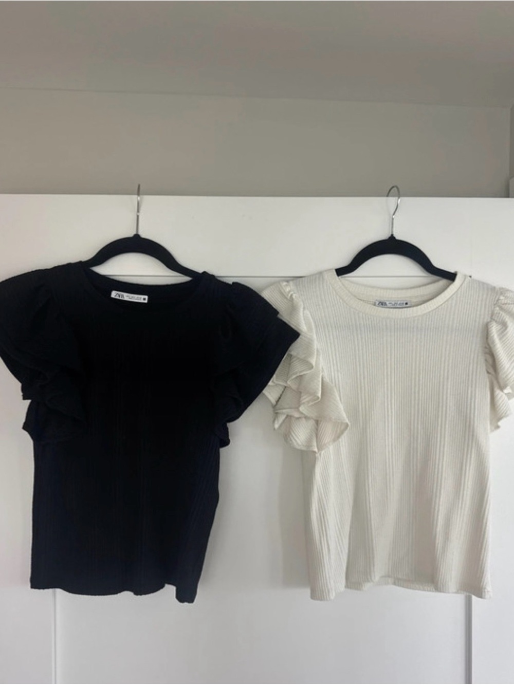 Zara Ruffled Short Sleeve Ribbed Tees - Black & Cream